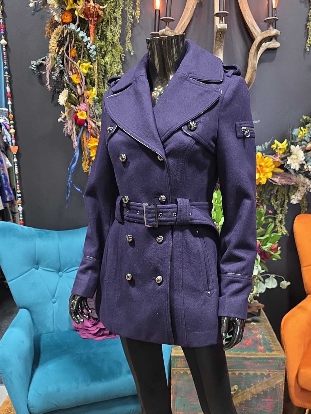 Miss Sixty Purple Double-Breasted Wool Blend Pea Coat with Belt